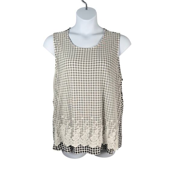 CJ Banks Tank Top Womens 1X Black White Gingham Mesh Embroidered Lace Overlay - Picture 1 of 16
